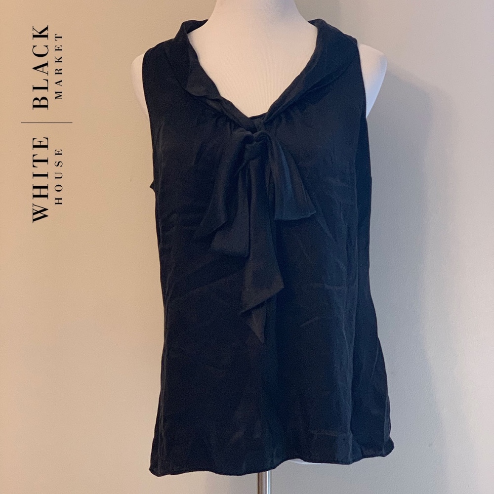 WHBM Black Silk Tie-Neck Blouse Size Medium White House Black Market Elegant Top